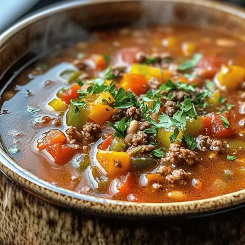 Hearty Stuffed Pepper Soup is a culinary embrace in a bowl, combining the beloved flavors of classic stuffed peppers with the comforting essence of soup. This dish is a celebration of fresh ingredients, bringing together vibrant bell peppers, savory ground meat, and a rich, tomato-based broth that warms the soul. Perfect for busy weeknights or cozy family gatherings, this soup is not only delicious but also nourishing, making it an ideal choice for families looking to share a wholesome meal.