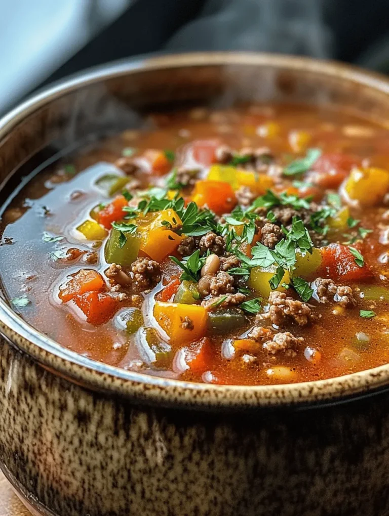 Hearty Stuffed Pepper Soup is a culinary embrace in a bowl, combining the beloved flavors of classic stuffed peppers with the comforting essence of soup. This dish is a celebration of fresh ingredients, bringing together vibrant bell peppers, savory ground meat, and a rich, tomato-based broth that warms the soul. Perfect for busy weeknights or cozy family gatherings, this soup is not only delicious but also nourishing, making it an ideal choice for families looking to share a wholesome meal.