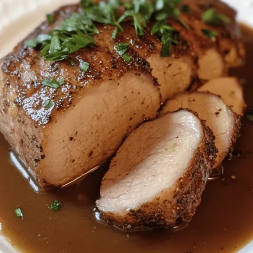 Introducing a delightful culinary experience, the Savory Roasted Pork Loin with Rich Gravy is a dish that brings comfort and flavor to any dining table. This recipe not only showcases tender pork loin, perfectly roasted to juicy perfection, but it also features a rich, flavorful gravy that elevates the entire meal. Ideal for family gatherings, special occasions, or even a cozy weekend dinner, this pork loin recipe is easy to follow and guarantees delicious results. The combination of succulent meat and savory gravy makes this dish a staple in many households, often becoming the centerpiece of memorable feasts.