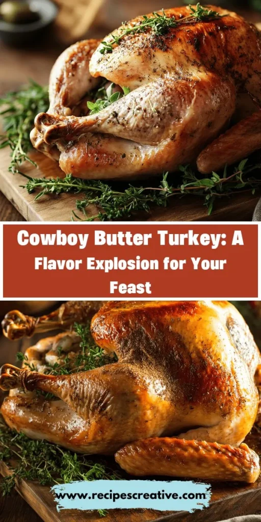 Discover a delicious twist on your holiday turkey with this Cowboy Butter Turkey recipe! This flavorful dish combines a rich blend of spices and herbs in a compound butter to create a moist and savory turkey that will impress your guests. Perfect for gatherings, the Cowboy Butter not only enhances the turkey but is versatile enough for other dishes too. Elevate your next meal and create unforgettable memories with this succulent turkey! #TurkeyRecipe #CowboyButter #ThanksgivingDinner #HolidayCooking #DeliciousMeals