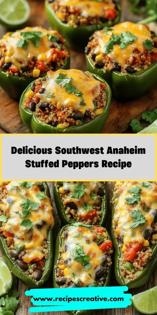 Discover the vibrant flavors of Southwest Anaheim Stuffed Peppers—a delicious and nutritious option for any meal! These stuffed peppers are packed with protein-rich quinoa, hearty black beans, and fresh veggies, making them a perfect dish for family dinners or entertaining guests. Easy to prepare and customizable for dietary needs, they’re a delightful twist on traditional stuffed peppers. Cook up this hearty dish and enjoy a burst of flavor! #StuffedPeppers #HealthyEating #SouthwestCuisine #MealPrep #QuinoaRecipes