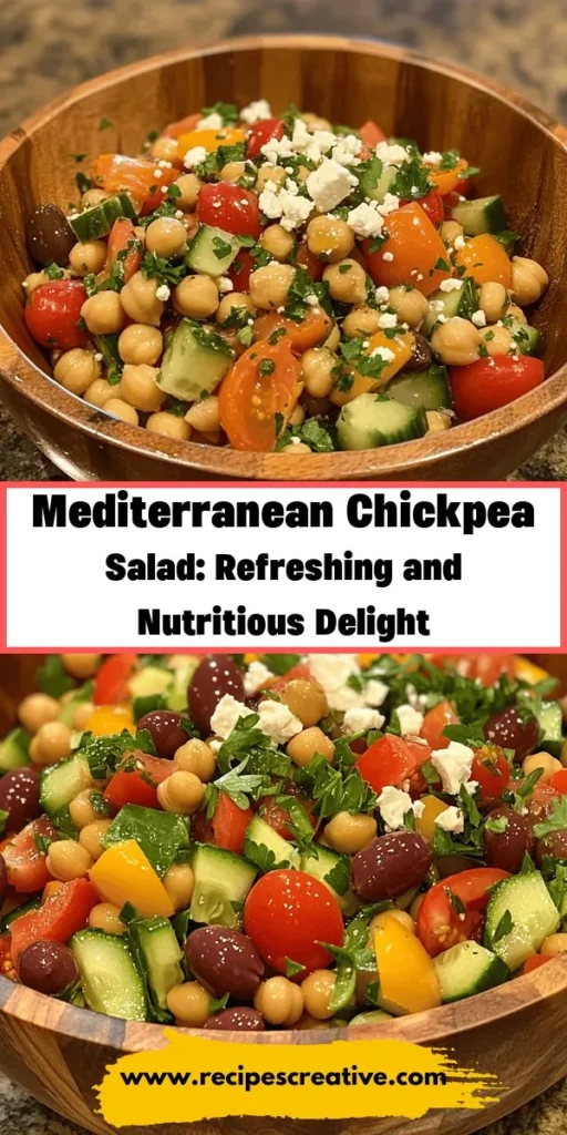 Discover the vibrant flavors and health benefits of Mediterranean cuisine with this Mediterranean Chickpea Salad. Packed with nutrient-rich chickpeas, fresh veggies, Kalamata olives, and feta cheese, it’s easy to prepare and perfect for any occasion. This salad not only nourishes but also impresses with its colorful presentation. Enjoy it as a side or main dish! Enjoy simple, wholesome cooking today! #MediterraneanDiet #ChickpeaSalad #HealthyEating #MealPrep #PlantBased #SaladRecipes