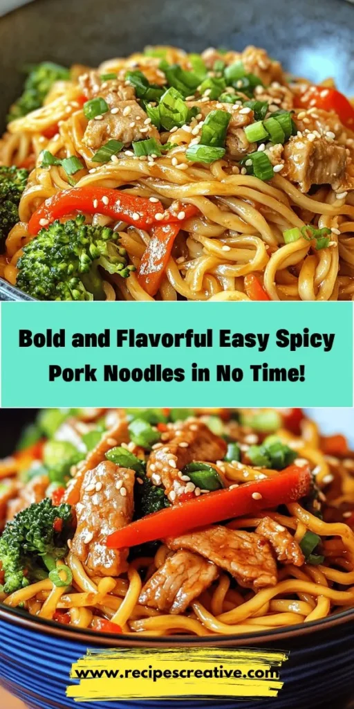 Discover the perfect weeknight dinner with this Easy Spicy Pork Noodles recipe! This dish combines tender pork, chewy egg noodles, and vibrant veggies, all tossed in a deliciously spicy sauce. It’s quick, customizable, and packed with flavor and nutrients, making it a family favorite. Whether you prefer it mild or spicy, this recipe can easily adapt to suit your taste. Get ready to impress at your next gathering! #PorkNoodles #QuickDinner #SpicyFood #FamilyFavorites #RecipeIdeas