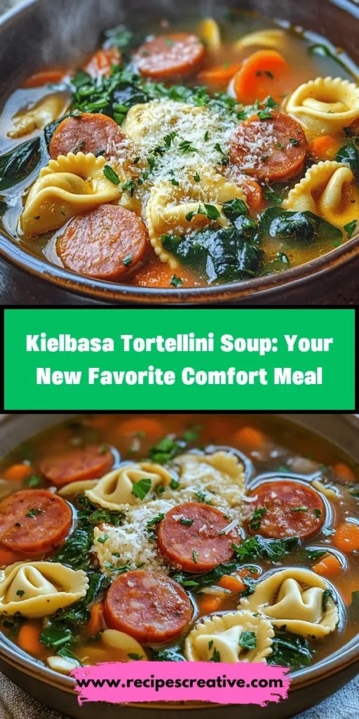 Warm up your winter evenings with a bowl of Hearty Kielbasa Tortellini Soup! This comforting recipe features smoky kielbasa, tender tortellini, and a medley of fresh vegetables, creating a dish that's both satisfying and nutritious. Perfect for busy weeknights or family gatherings, it comes together in under an hour. Enjoy the rich flavors and cozy vibes this soup brings. Try it today for a delightful meal! #KielbasaSoup #Tortellini #ComfortFood #SoupSeason #EasyRecipes