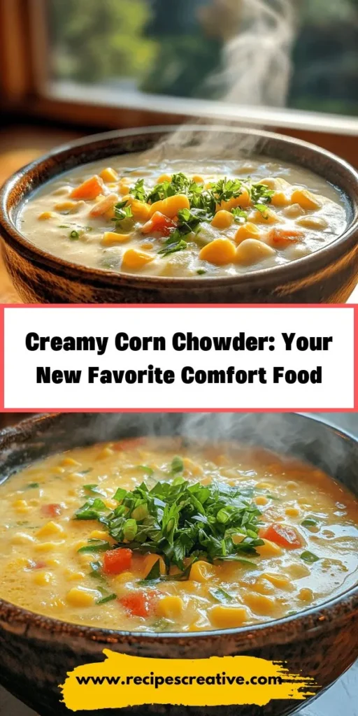 Warm up your chilly nights with our Creamy Dreamy Corn Chowder, the perfect comfort dish that combines fresh corn, hearty potatoes, and a hint of spice for a delightful flavor boost. This recipe is not only delicious but also versatile, allowing for various ingredients to suit your taste. Serve it with crusty bread or a fresh salad and enjoy the cozy vibes! It's a dish that brings everyone together. #CornChowder #ComfortFood #SoupLovers #Foodie #FallRecipes #HomemadeDeliciousness #FamilyMeals