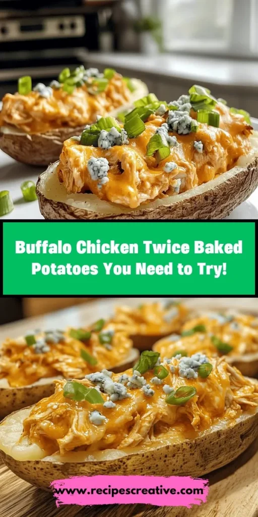 Indulge in a comfort food classic with a zesty twist! This Buffalo Chicken Twice Baked Potatoes recipe combines fluffy russet potatoes with creamy buffalo chicken filling for an irresistible flavor explosion. Perfect for game day or family dinners, these potatoes are sure to please everyone. Plus, they're customizable to suit your taste! Get ready for a delicious dish that’s both hearty and satisfying! #TwiceBakedPotatoes #BuffaloChicken #ComfortFood #Recipe #Foodie #Delicious