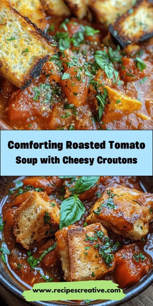 Indulge in the ultimate comfort food with this roasted tomato soup featuring crunchy grilled cheese croutons! This recipe transforms a nostalgic classic into a gourmet experience. Enjoy the sweetness of roasted tomatoes, aromatic garlic, and savory herbs, all blended into a velvety soup. Topped with crispy grilled cheese bites, it’s perfect for cozy nights or gatherings. Try this delightful twist for a warm and satisfying meal! #RoastedTomatoSoup #GrilledCheese #ComfortFood #SoupSeason #FoodieDelight