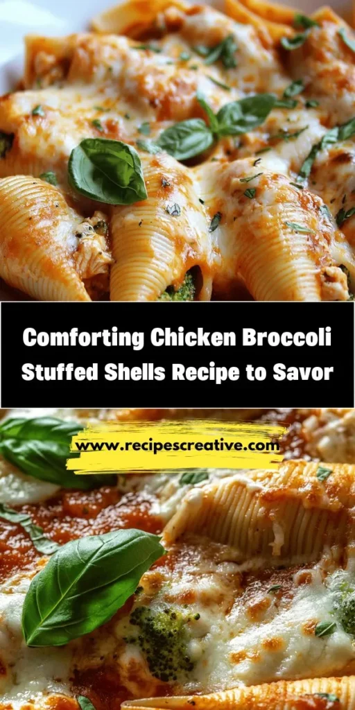 Indulge in the comforting flavors of Chicken Broccoli Stuffed Shells, the perfect dish for any occasion! These jumbo pasta shells are filled with a tasty mix of chicken, broccoli, and creamy cheeses, creating a delicious and nutritious meal. Ideal for family dinners or meal prep, this recipe packs in protein and veggies while satisfying every palate. Get ready to impress your loved ones with this easy-to-make delight! #ComfortFood #StuffedShells #ChickenRecipes #HealthyEating #PastaLovers