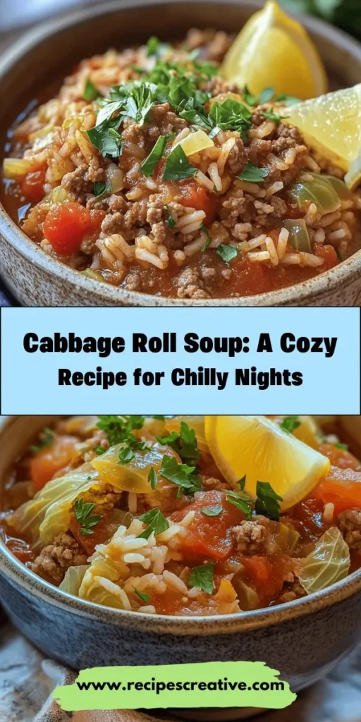 Warm up your chilly evenings with this hearty Cabbage Roll Soup Delight! This comforting dish combines the classic flavors of cabbage rolls into a nourishing soup packed with tender cabbage, meat, and spices. Perfect for family gatherings or cozy dinners, it’s easy to make and full of health benefits. Discover how to enhance flavors, customize your ingredients, and enjoy a bowl of warmth that heals the soul. #CabbageRollSoup #ComfortFood #HealthyEating #SoupRecipe #CozyMeals #MealPrep #NutritiousMeals