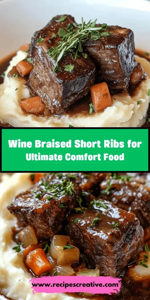 Looking to impress at your next dinner party? Try these delicious wine-braised short ribs! This comforting dish features tender, melt-in-your-mouth meat infused with rich flavors from red wine and aromatic vegetables. Perfect for gathering around the table, this recipe combines a few simple steps for a stunning result. Serve with creamy mashed potatoes or crusty bread to soak up the savory sauce. Your guests will be begging for seconds! #ShortRibs #BraisedMeat #ComfortFood #HomeCooking #WinePairing #RecipeOfTheDay