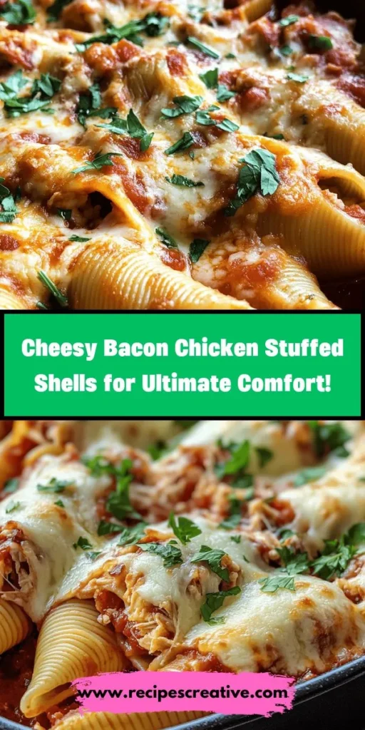 Indulge in the ultimate comfort food with Cheesy Bacon Chicken Stuffed Shells! This delightful recipe features tender chicken, crispy bacon, and a creamy cheese filling, all nestled in large pasta shells and smothered in marinara sauce. Perfect for busy weeknights or gatherings, it's easy to prepare and absolutely delicious. Experience the marriage of flavors that will have your family raving! #ComfortFood #StuffedShells #CheesyBacon #DinnerIdeas #HomeCooking #Foodie