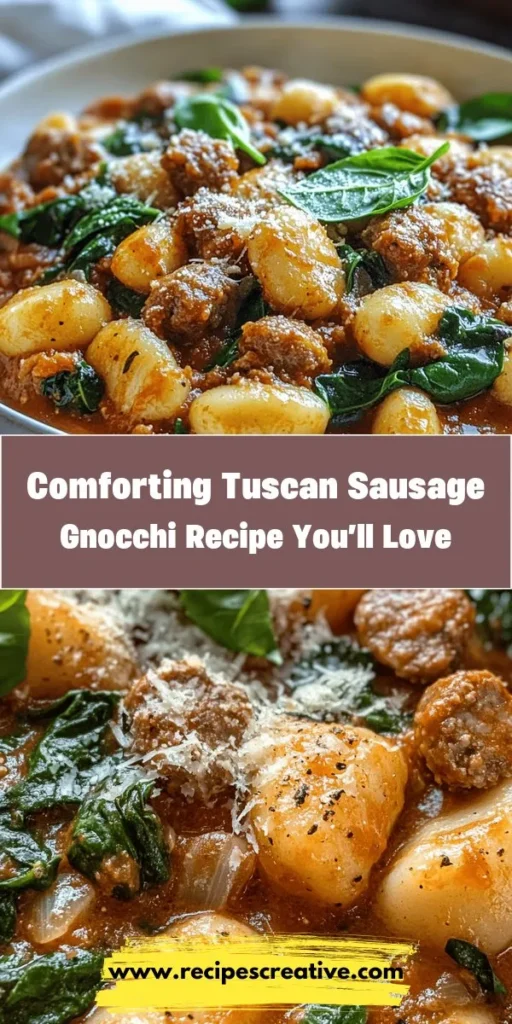 Indulge in the warm and comforting flavors of Tuscan Sausage Gnocchi! This delicious recipe combines tender potato gnocchi, savory Italian sausage, and a rich creamy tomato sauce with fresh spinach. Perfect for a weeknight dinner or special occasion, this dish captures the essence of Italian cuisine. Embrace the simplicity of cooking and the joy of sharing a hearty meal with loved ones! #TuscanSausageGnocchi #ItalianCuisine #ComfortFood #PastaLovers #RecipeIdeas #HomeCooking