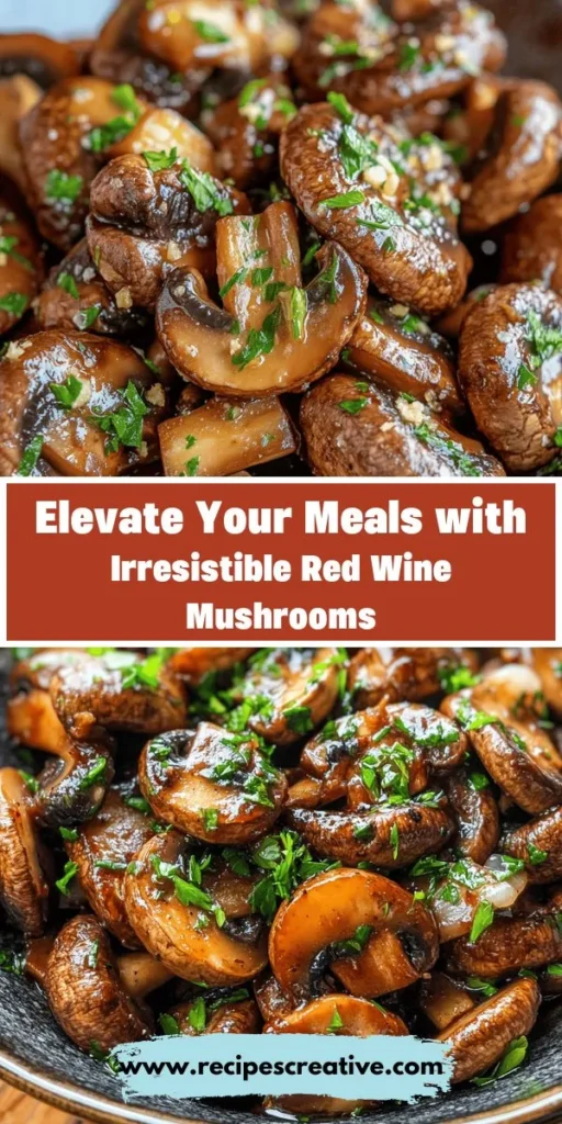 Discover the irresistible flavor combination of red wine and mushrooms with this delicious recipe! Perfect as an elegant appetizer or a savory side dish, red wine mushrooms elevate any meal with their rich, velvety texture and aromatic depth. Cooked simply with garlic, shallots, and fresh thyme, this dish promises to impress at any gathering. Try it tonight for a taste of culinary sophistication! #RedWineMushrooms #Cooking #Recipe #FoodLovers #GourmetCooking #DeliciousDishes #CulinaryDelight