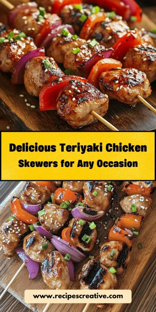 Discover the irresistible flavors of teriyaki chicken skewers with this easy-to-follow recipe! Perfect for any occasion, these skewers combine tender chicken, vibrant bell peppers, and a rich teriyaki sauce that brings a taste of Japan to your table. Ideal for summer barbecues or cozy dinners, they are versatile and customizable to suit all dietary needs. Try them today and elevate your meals! #TeriyakiChicken #Skewers #GrillingRecipes #Foodie #PartyFood #JapaneseCuisine #EasyRecipes #HealthyEating