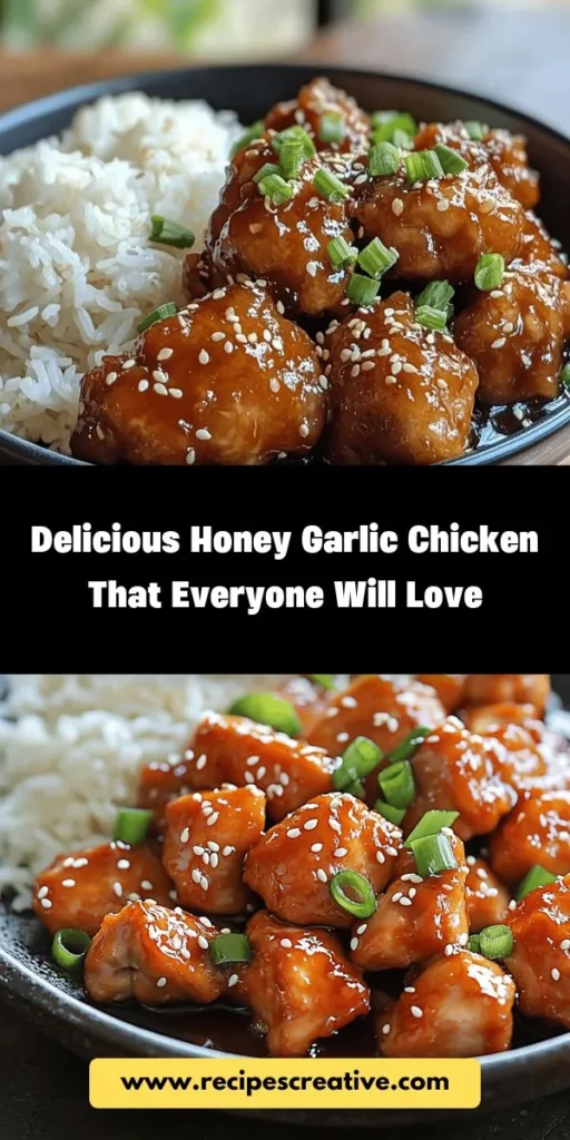 Discover the perfect combination of sweet and savory flavors with this easy Honey Garlic Chicken recipe! This dish is a staple for busy weeknights or special gatherings, featuring a delicious glaze made from honey, garlic, soy sauce, and ginger. Ideal served over rice or paired with vibrant vegetables, this recipe is not only mouthwatering but also packed with health benefits. Try it today and impress your family and friends! #HoneyGarlicChicken #EasyRecipes #DinnerIdeas #Yummy #HealthyEating