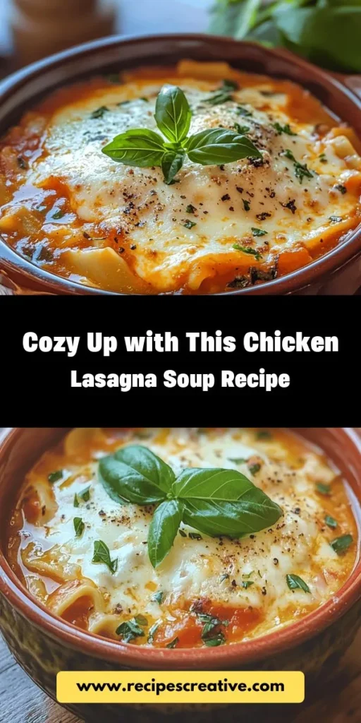 Warm up your evenings with this Cozy Chicken Lasagna Soup recipe, a comforting twist on classic lasagna that's perfect for chilly days. Packed with lean ground chicken, nourishing veggies, and rich cheeses, this one-pot meal delivers hearty flavors that bring everyone together. It’s easy to prep, customizable for various diets, and makes for fantastic leftovers. Discover the joy of cozy cooking and share it with loved ones! #ChickenLasagnaSoup #ComfortFood #HealthyEating #EasyRecipes #MealPrep