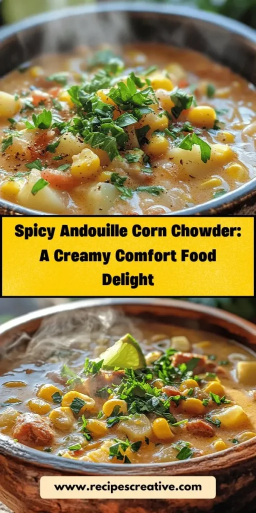 Warm up with this delicious Spicy Andouille Corn Chowder, a perfect blend of creamy corn, smoky sausage, and hearty potatoes. This recipe adds a spicy twist to a classic comfort food, making it perfect for cozy dinners or gatherings. Easy to prepare, this chowder is not only satisfying but also packed with flavor and nutrition. Don't forget to garnish with fresh parsley for added freshness! #Chowder #SoupRecipes #ComfortFood #AndouilleSausage #CornChowder #CookingIdeas #HomeCooking #YummyRecipes