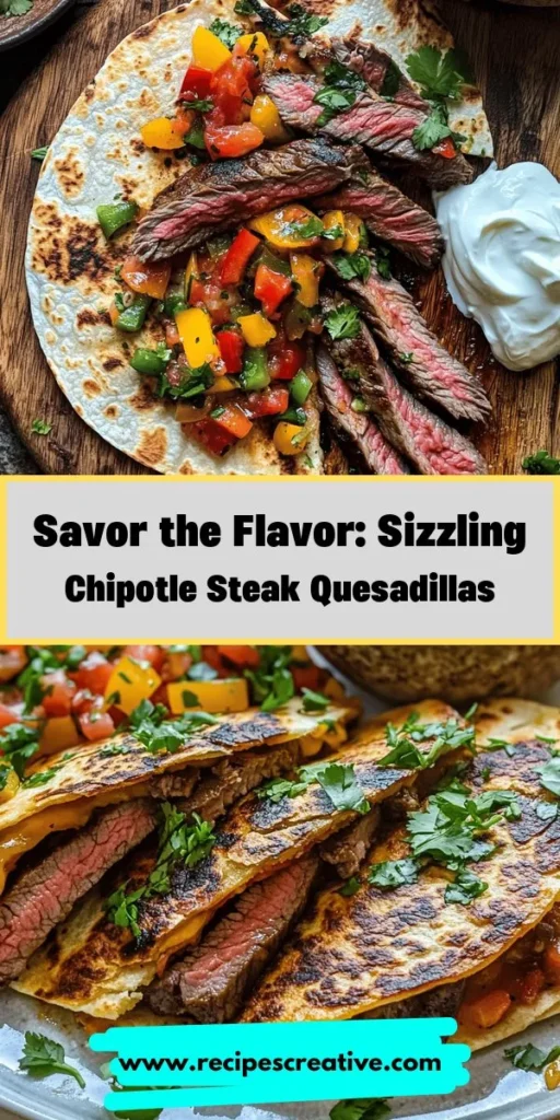 Indulge in a flavorful fiesta with our Sizzling Chipotle Steak Quesadilla! This delicious twist on a classic dish features marinated flank steak, smoky chipotle seasoning, and fresh veggies all melted into a crispy tortilla. Perfect for quick dinners or gatherings, quesadillas are versatile and easy to customize. Dive into this savory recipe and elevate your meal game! #Quesadilla #ChipotleSteak #TacoTuesday #DeliciousRecipes #DinnerIdeas #FoodieFavorites #EasyMeals