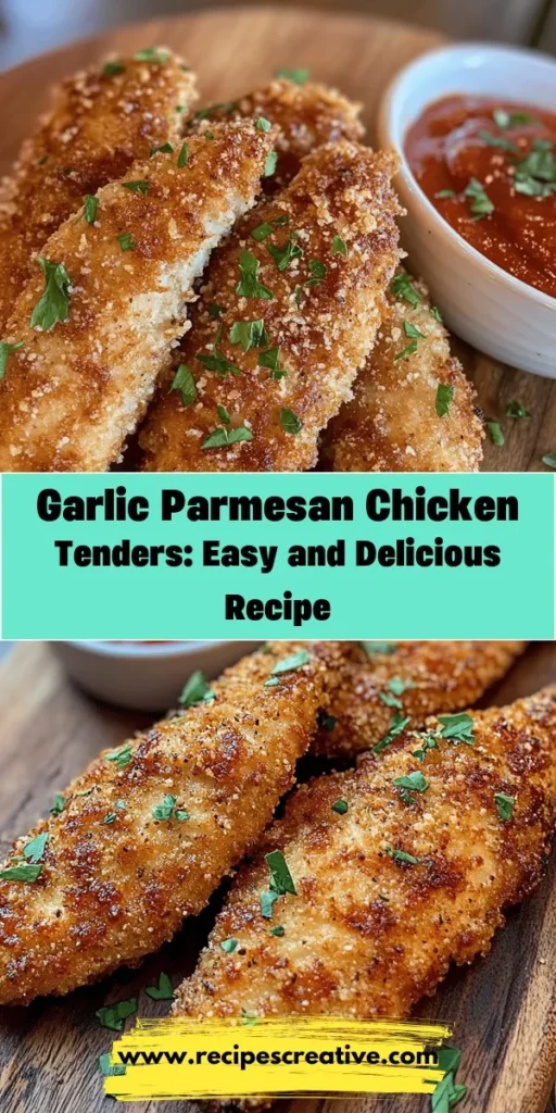 Indulge in the savory goodness of Garlic Parmesan Chicken Tenders! These crispy, baked tenders are packed with flavor from fresh garlic and delicious Parmesan cheese, making them a must-try for family dinners or game day snacks. Perfectly adaptable with various herbs and spices, you can personalize them to your taste. Pair with your favorite dipping sauces for the ultimate treat! Get your recipe now! #ChickenTenders #GarlicParmesan #EasyRecipes #ComfortFood #Yummy #FamilyDinner #SnackIdeas