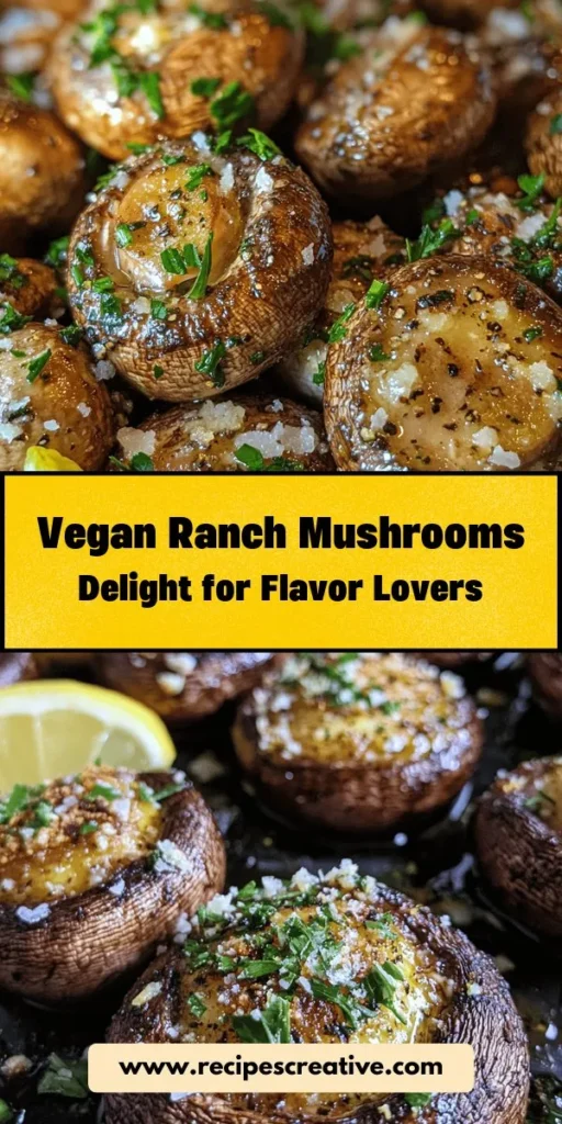 Discover the deliciousness of Ranch Mushrooms Delight, a flavorful vegan dish that combines earthy button mushrooms with zesty ranch seasoning. Perfect as an appetizer, side, or main course, this recipe will impress your guests and satisfy your cravings. Packed with nutrients and easy to customize, it's a versatile addition to any meal. Elevate your dining experience with this simple yet tasty treat! #VeganRecipes #MushroomDelight #HealthyEating #RanchFlavor #PlantBasedCooking #EasyRecipes