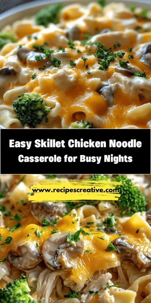 Discover the warmth and comfort of Skillet Chicken Noodle Casserole Delight! Perfect for busy weeknights, this family favorite combines tender rotisserie chicken, hearty egg noodles, vibrant veggies, and creamy goodness—all made in one pan for minimal cleanup. Packed with nutrients and flavor, this dish is sure to please everyone around the table. Try it tonight for an easy and satisfying meal! #Casserole #ComfortFood #FamilyMeals #EasyRecipes #DinnerInspiration #ChickenNoodleCasserole