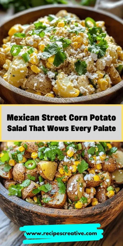 Try this Mexican Street Corn Smashed Potato Salad for a delicious twist on a classic! Combining the flavors of grilled corn, tangy lime, and creamy Cotija cheese, this dish is the perfect side for barbecues, potlucks, or family gatherings. With its hearty texture and vibrant taste, it's sure to impress your guests. Enjoy a refreshing, flavorful salad that's as easy to make as it is to love! #PotatoSalad #Elote #MexicanFood #ComfortFood #SummerEats