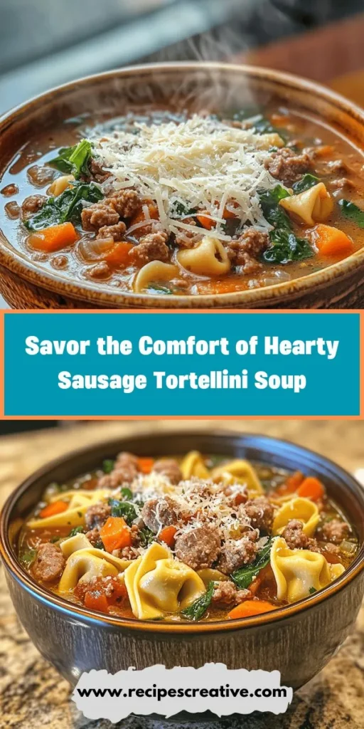 Warm up your chilly evenings with this Hearty Sausage Tortellini Soup, packed with comforting flavors and wholesome ingredients. This easy recipe features Italian sausage, tender tortellini, fresh veggies, and aromatic herbs, creating a delicious meal that the whole family will love. Perfect for dinner or cozy gatherings, it’s nutritious and customizable to suit any palate. Get ready for a comforting culinary experience! #SausageSoup #Tortellini #ComfortFood #FamilyDinner #HealthyRecipes #FallCooking