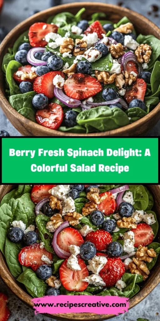 Elevate your meal with the Berry Fresh Spinach Delight! This vibrant salad features nutrient-packed spinach, juicy berries, and creamy feta for a deliciously refreshing experience. Perfect for lunch, dinner, or a healthy snack, it's easy to make and full of antioxidants, vitamins, and minerals. Discover the step-by-step recipe and enjoy a bowl of health and flavor today! #HealthyEating #SaladRecipe #Spinach #Berries #Nutrition #HealthyLifestyle #CleanEating #Foodie