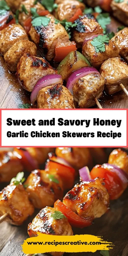 Discover the irresistible taste of honey garlic chicken skewers with this easy recipe! Perfect for summer barbecues or cozy weeknight dinners, these skewers feature marinated chicken infused with a delicious blend of honey and garlic. Grill them to perfection for a sweet and savory dish that everyone will love. Serve them with rice, salads, or your favorite veggies for a complete meal. Try this recipe and impress your guests! #HoneyGarlicChicken #GrilledSkewers #YummyRecipes #BBQIdeas #MealPrep