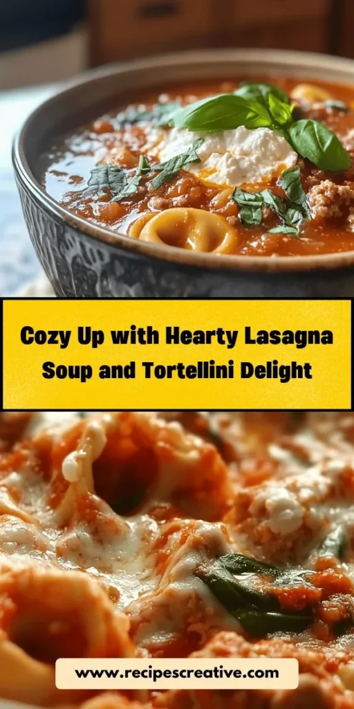 Comfort food just got a delicious twist! Try this Hearty Lasagna Soup with Tortellini, blending all your favorite lasagna flavors into a warm, cozy bowl. Perfect for family dinners or gatherings, this adaptable recipe allows you to customize ingredients based on your tastes—whether you’re a meat lover or prefer a veggie-packed option. Quick to prepare and easy to clean up, it's ideal for busy weeknights. Discover your new favorite comfort dish! #LasagnaSoup #ComfortFood #Tortellini #CozyRecipes #QuickMeals #FamilyDinner