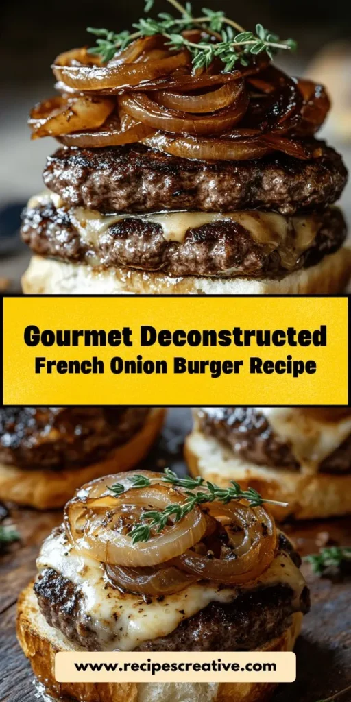 Elevate your burger game with this Deconstructed French Onion Burger recipe! Experience the delightful fusion of juicy beef patties, sweet caramelized onions, and melting Gruyère cheese all nestled within toasted brioche buns. Perfect for casual get-togethers or special dinners, this innovative dish balances comfort food with gourmet flair. Impress your guests and enjoy the rich flavors that celebrate classic French cuisine. #FrenchOnionBurger #BurgerRecipe #DeconstructedDishes #ComfortFood #GourmetCooking