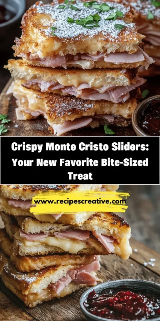 Discover the delightful Crispy Monte Cristo Sliders, a fun twist on the classic sandwich beloved for its savory ham, turkey, and Swiss cheese. Perfect for parties, brunches, or family gatherings, these bite-sized treats are easy to make and packed with flavor. Served with a touch of powdered sugar and a side of raspberry jam, they are a hit at any occasion. Follow our simple recipe and enjoy this scrumptious dish! #MonteCristo #Sliders #Recipe #PartyFood #BrunchIdeas #HomeCooking #Appetizers #CheesyGoodness