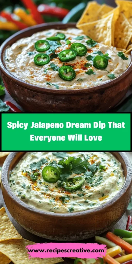 Looking for the ultimate appetizer that will impress at your next gathering? Try the Spicy & Creamy Jalapeno Dream Dip! This delicious blend of cream cheese, sour cream, cheddar, and fresh and pickled jalapenos strikes the perfect balance of creaminess and spice. Serve it with tortilla chips, veggie sticks, or spread it on toasted baguette slices for an unforgettable dish. Easy to prepare and incredibly tasty, it's a definite crowd-pleaser! #DipRecipes #Appetizers #PartyFood #JalapenoDip #YummyRecipes #GameDaySnacks