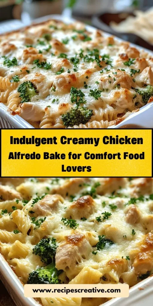 Indulge in the creamy comfort of Creamy Chicken Alfredo Bake, a delicious blend of tender chicken, pasta, vibrant broccoli, and a rich Alfredo sauce. Perfect for family dinners or gatherings, this hearty dish is easy to prepare with simple ingredients. Each bite is bursting with flavor, topped with gooey cheese for the ultimate satisfaction. Discover how to make this comforting classic and bring joy to your dinner table today! #ChickenAlfredo #ComfortFood #PastaBake #EasyRecipes #DinnerIdeas #FamilyMeals