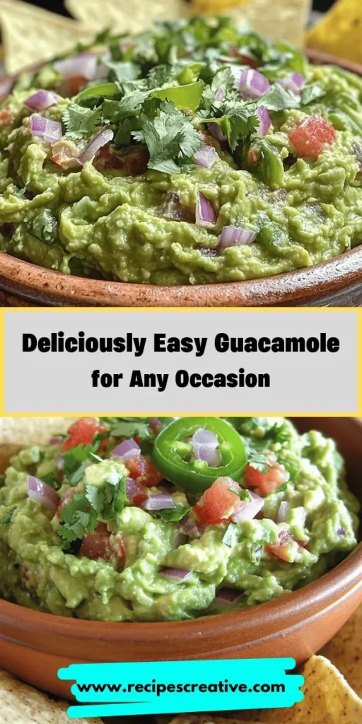 Discover the joy of making easy guacamole with our simple recipe! This creamy dip combines ripe avocados, fresh lime juice, diced tomatoes, red onion, jalapeños, and cilantro for a burst of flavor. Perfect for snacking or as a party appetizer, guacamole is nutritious and customizable to your taste. Impress your guests with this vibrant dip that’s quick to prepare and always a hit! #Guacamole #EasyRecipes #HealthySnacks #MexicanFood #AvocadoDelight