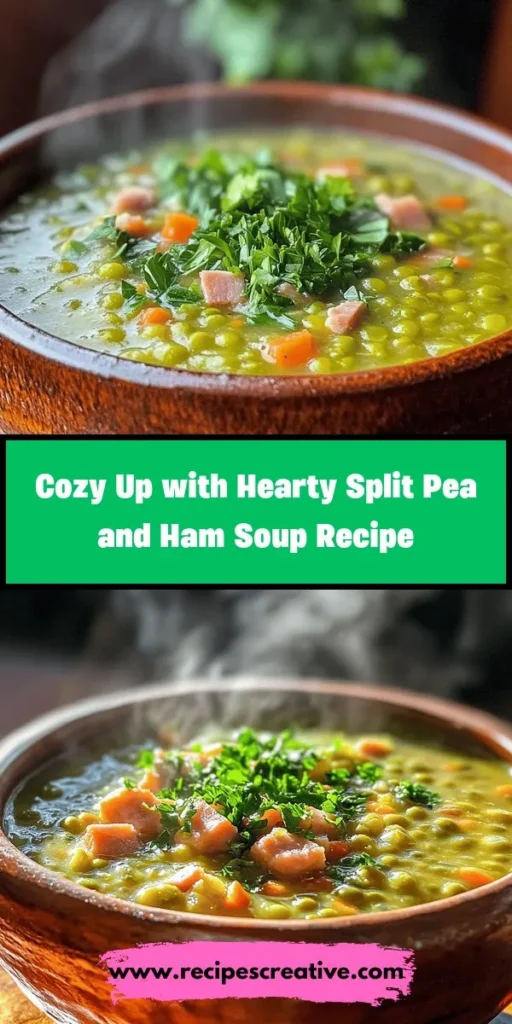 Warm up with a comforting bowl of Hearty Split Pea and Ham Soup! Packed with protein, fiber, and rich flavors, this classic dish is perfect for chilly evenings. Using fresh ingredients like green split peas, savory ham, and aromatic vegetables, it's a nourishing meal that brings families together. Great for utilizing leftover holiday ham, this soup is as delicious as it is satisfying. Try this hearty recipe today! #SoupRecipe #ComfortFood #HealthyEating #HomemadeSoup #FamilyMeals #SplitPeaSoup #CookingAtHome