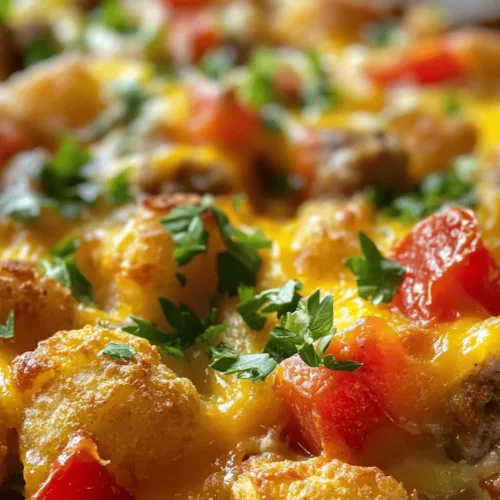 The Tater Tot Breakfast Delight is not just another breakfast option; it embodies the essence of comfort food. Imagine crispy tater tots acting as the base, topped with a fluffy egg mixture, savory breakfast sausage, and melted cheese, all baked to perfection. It's a dish that combines textures and flavors in a way that is both delightful and filling. Families love it for its ease of preparation—simply layer the ingredients, pop it in the oven, and enjoy the enticing aroma wafting through your home as it bakes.