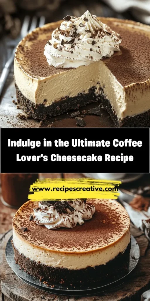 Calling all coffee lovers! Dive into the rich and creamy world of The Ultimate Coffee Lover’s Cheesecake. This decadent dessert features a luscious coffee-infused filling atop a delicious chocolate cookie crust, all topped with fluffy whipped cream. Perfect for any occasion, this cheesecake is sure to impress your guests and satisfy your sweet tooth. Ready to indulge? Check out the recipe and start baking! #CoffeeLovers #Cheesecake #DessertRecipes #Baking #SweetTreats #Chocolate #CoffeeDessert