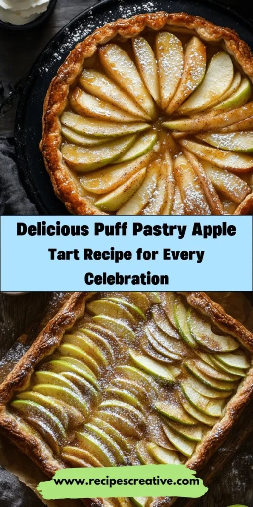 Indulge in the delightful Heavenly Puff Pastry Apple Tart, a perfect dessert that combines elegance and comfort! With its flaky pastry and sweet apple filling, this stunning tart is ideal for any occasion, from family gatherings to special celebrations. Using fresh Granny Smith and Honeycrisp apples, each bite is a delicious balance of flavors. Whether served warm with whipped cream or dusted with sugar, it's sure to impress! #AppleTart #Dessert #Baking #PuffPastry #Recipe #SweetTreat