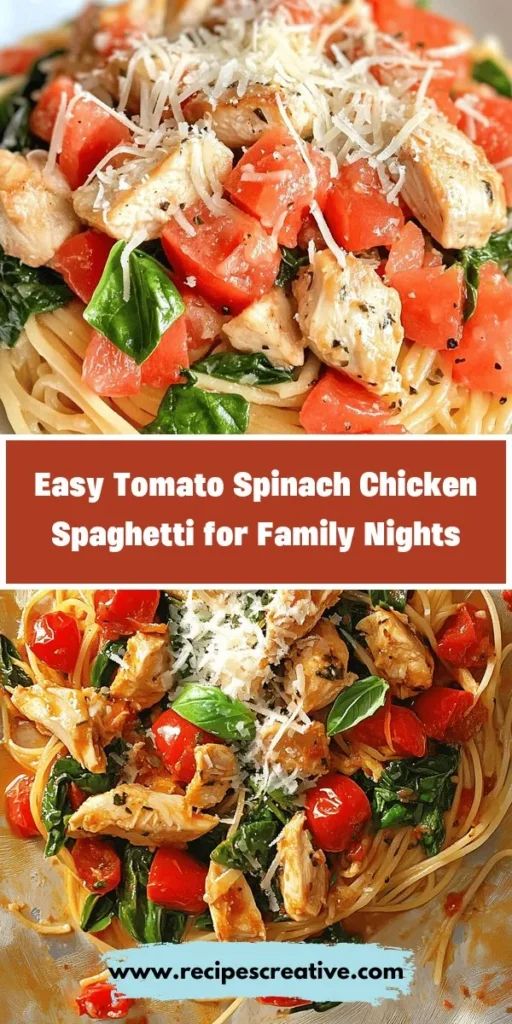 Transform your family dinners with this Tomato Spinach Chicken Spaghetti recipe! Combining tender chicken, vibrant spinach, and juicy tomatoes, this dish is not just delicious but also packed with nutritional benefits. Perfect for busy weeknights or impressing guests with minimal effort, it’s versatile and easy to customize. Get ready to create a colorful and wholesome meal the whole family will love! #PastaRecipes #HealthyEating #FamilyDinner #Foodie #CookAtHome #MealPrep #ComfortFood