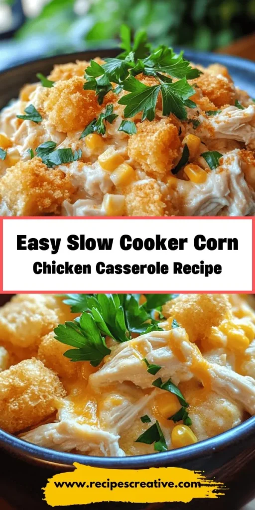 Discover the heartwarming delight of Slow Cooker Corn Chicken Casserole! This easy, one-pot recipe brings together tender chicken, sweet corn, and creamy goodness, perfect for busy weeknights or family gatherings. With minimal prep, just set and forget your slow cooker for a flavorful meal everyone will love. Spice it up or customize it with your favorite ingredients! Dive into comfort food today! #SlowCooker #Casserole #EasyMeal #DinnerInspiration #ComfortFood #ChickenRecipe #HomeCooking