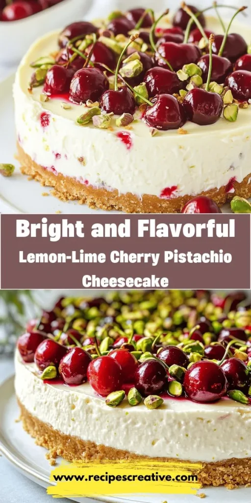 Indulge in the vibrant flavors of Luscious Lemon-Lime Cherry Pistachio Cheesecake, where zesty citrus meets sweet cherries and crunchy pistachios for a delightful dessert! This recipe balances refreshing tartness with creamy richness, perfect for any occasion. Impress your guests and treat yourself to this stunning cheesecake that's as beautiful as it is delicious. Dive into the recipe and savor every bite! #Cheesecake #DessertRecipes #Baking #Foodie #Yummy #SweetTreats #CitrusDelight