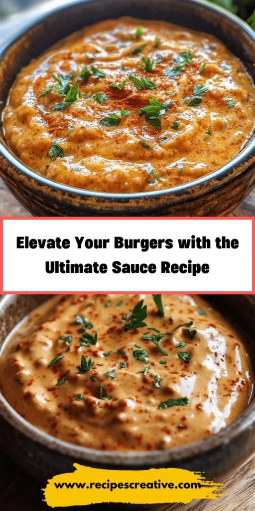 Transform your burgers with the Ultimate Burger Sauce! This easy-to-make condiment blends mayonnaise, ketchup, Dijon mustard, sweet pickle relish, and spices for a creamy, tangy flavor that elevates any patty. Ready in minutes, it's perfect for cookouts and weeknight dinners. Use it on beef, turkey, or veggie burgers, and even as a dip for fries or a salad dressing. Bring gourmet taste to your table! #BurgerSauce #Cooking #HomemadeSauce #BBQ #Foodie #Yummy