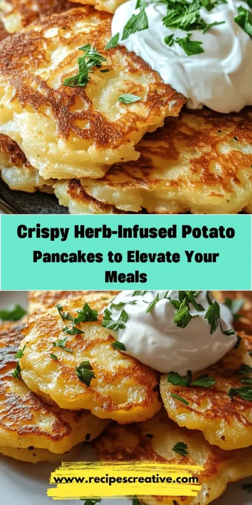 Indulge in the delightful crunch of Crispy Herb-Infused Potato Pancakes! This versatile dish is perfect for brunch, snacks, or a flavorful side at dinner. Made with russet potatoes, fresh herbs, and simple ingredients, these pancakes boast a crispy exterior and a tender interior. Enjoy them with sour cream, or experiment with toppings like poached eggs or avocado. Discover the joy of this comforting recipe! #PotatoPancakes #BrunchIdeas #HealthyEating #Recipes #ComfortFood #CrispyDelight #HerbInfused