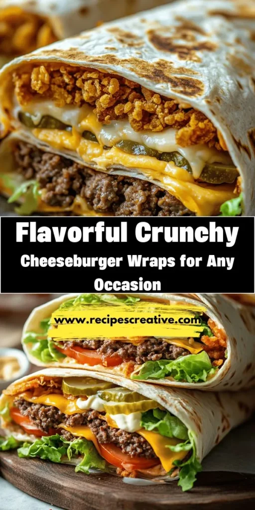 Discover the Crunchy Cheeseburger Wrap, a delicious fusion of classic cheeseburger flavors in a convenient, handheld meal. Perfect for busy lifestyles, you can customize this wrap with your choice of cheese, fresh veggies, and condiments. Easy to prepare, it's ideal for family dinners, picnics, or casual gatherings. Elevate your meals with this versatile recipe that promises satisfying flavors and textures. Try it today! #CrunchyCheeseburgerWrap #WrapRecipes #QuickMeals #FlavorfulEats #HealthyEating