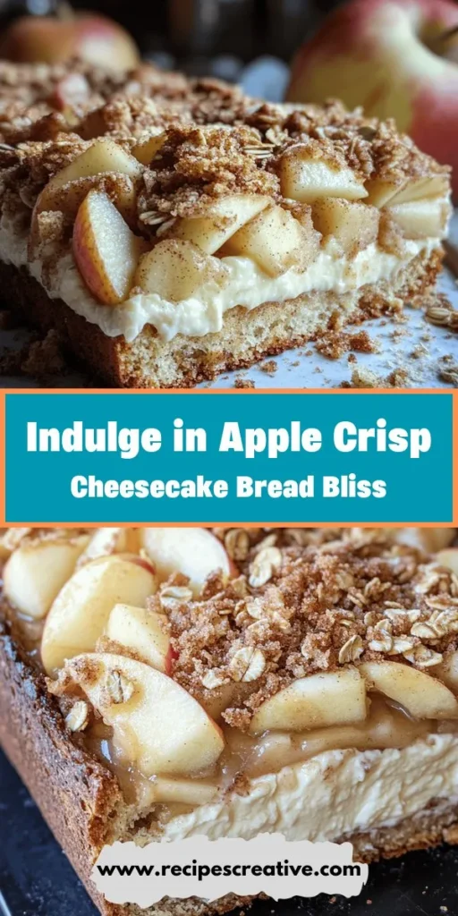 Elevate your dessert game with this Apple Crisp Cheesecake Bread recipe! This delightful fusion of apple crisp and creamy cheesecake is enveloped in moist bread, creating the perfect balance of textures and flavors. Perfect for brunch, dessert, or a sweet snack, it features a crunchy oat topping, velvety cheesecake layer, and the freshness of apples. Bake one today to impress your family and friends! #AppleCrisp #CheesecakeBread #BakingRecipe #Dessert #FallFlavors #HomeBaking #CozyTreats