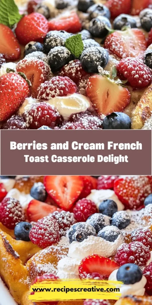 Start your mornings with a delightful twist on breakfast! This Berries & Cream Stuffed French Toast Casserole features layers of buttery brioche or challah bread, creamy filling, and a burst of fresh berries, making it a visually stunning and satisfying dish. Perfect for brunch gatherings or special occasions, you can prepare it ahead of time for extra convenience. Elevate your breakfast experience and impress your guests today! #BreakfastCasserole #FrenchToast #BerriesAndCream #BrunchIdeas #EasyRecipes #ComfortFood