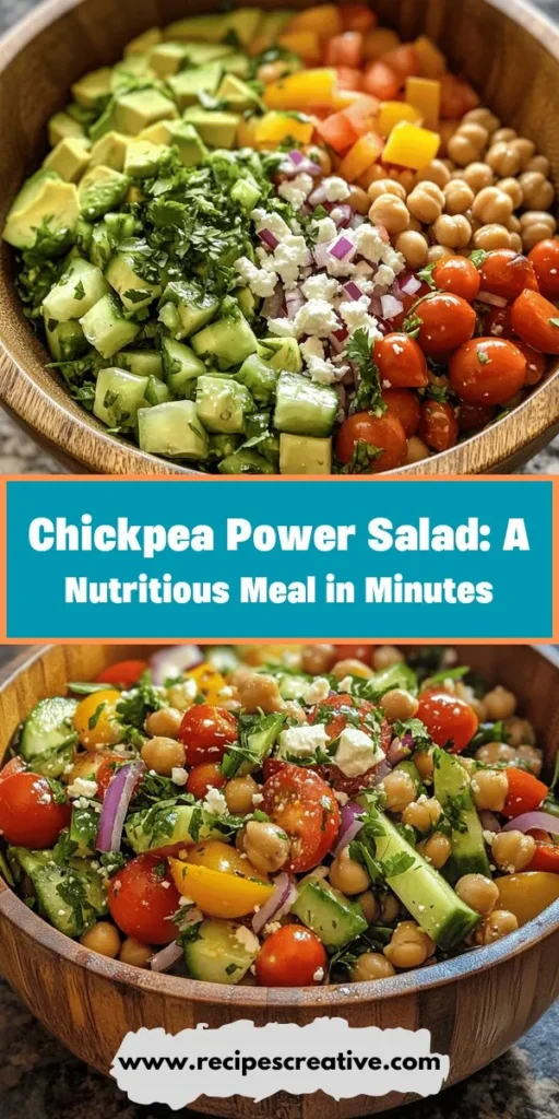 Looking for a nutritious and delicious meal? Try this Chickpea Power Salad! Packed with protein, fiber, and essential vitamins, it's a vibrant dish full of fresh vegetables and aromatic herbs. Easy to customize, you can add your favorite toppings for a personalized twist. Perfect for meal prep or busy weeknights, this salad is a complete meal that nourishes your body and satisfies your cravings. Embrace healthy eating with this flavorful recipe! #ChickpeaSalad #HealthyEating #MealPrep #Vegan #Nutrition #PlantBasedDiet #EasyRecipes #CleanEating