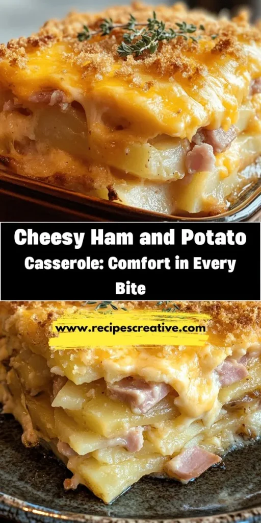 Indulge in the ultimate comfort food with this Cheesy Delight Ham and Potato Casserole. This hearty dish combines tender layers of russet potatoes, savory leftover ham, and ooey-gooey sharp cheddar cheese, all enveloped in a creamy mixture for a flavor-packed meal. Perfect for family gatherings or cozy weeknight dinners, this casserole is sure to become a beloved favorite. Get ready to savor every delicious bite! #CheesyCasserole #ComfortFood #HamAndPotato #EasyRecipes #FamilyMeals #LeftoverHam