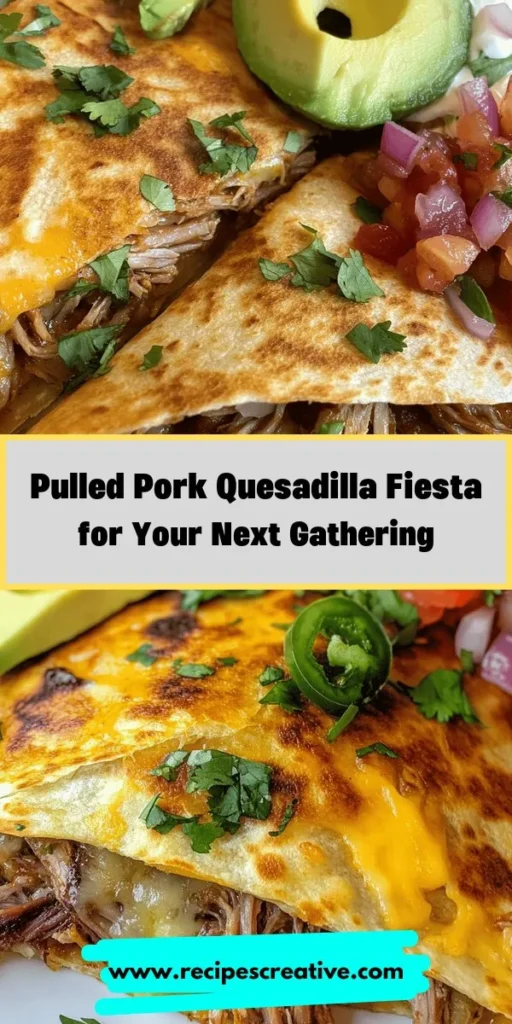 Get ready to impress at your next gathering with Savory Pulled Pork Quesadilla Fiesta! This easy-to-follow recipe combines tender pulled pork with melted cheese and sautéed veggies, all packed into crispy tortillas. Perfect for parties or a cozy family dinner, these quesadillas are versatile and delicious. Serve with your favorite toppings like salsa and guacamole for a fun dining experience. Gather around the table and enjoy! #PulledPork #Quesadillas #RecipeIdeas #CookingAtHome #FoodieFun #Gatherings #ComfortFood